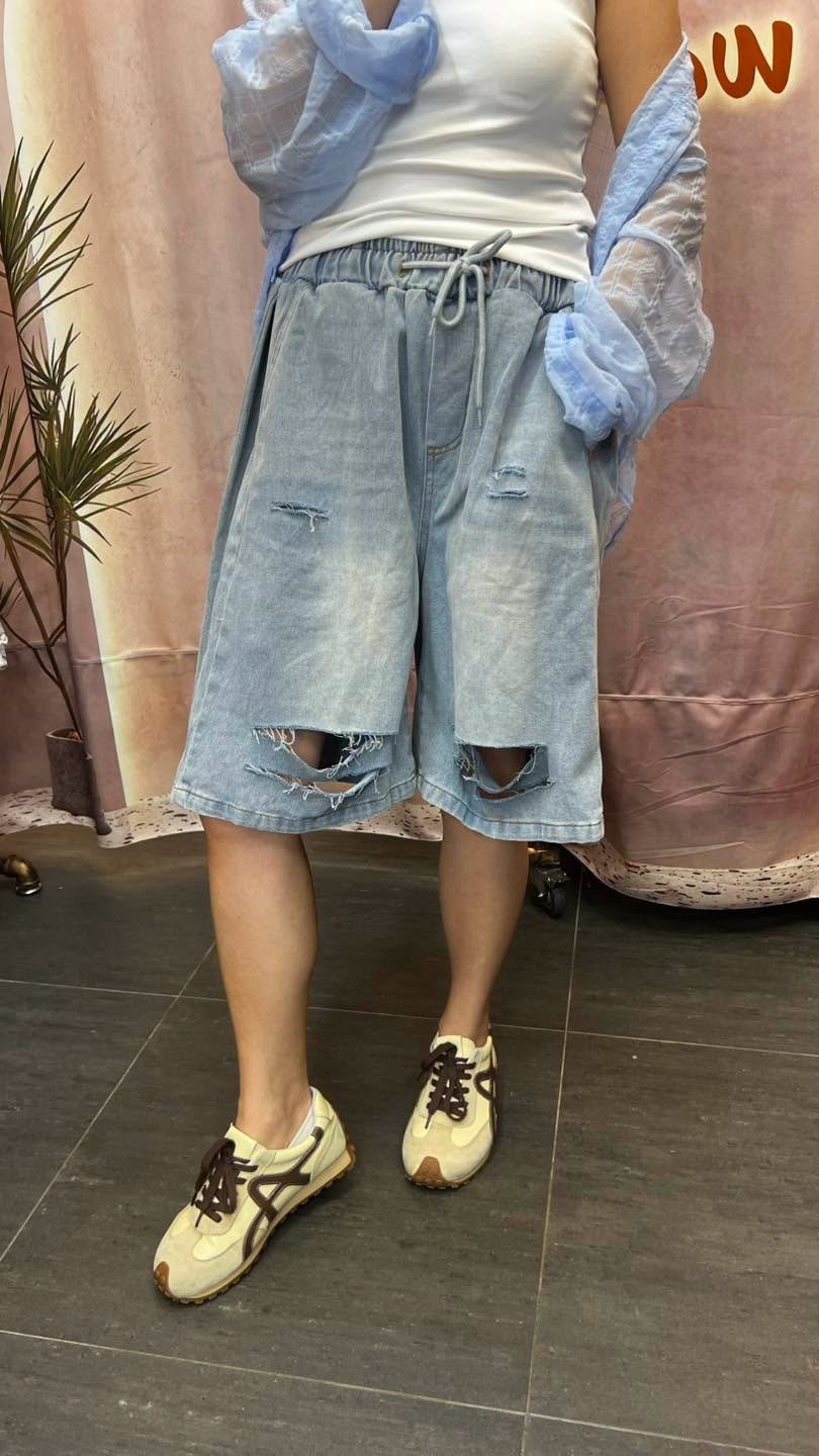 #7161 夏季淺藍色破洞牛仔短褲 - Image 7