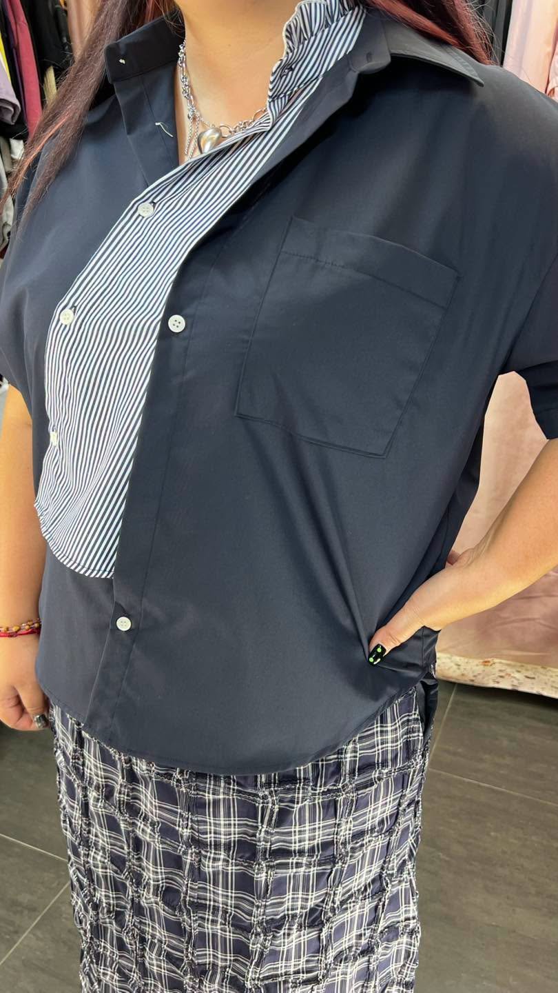 #7245 秋季深藍拼條子裇衫 - Image 4