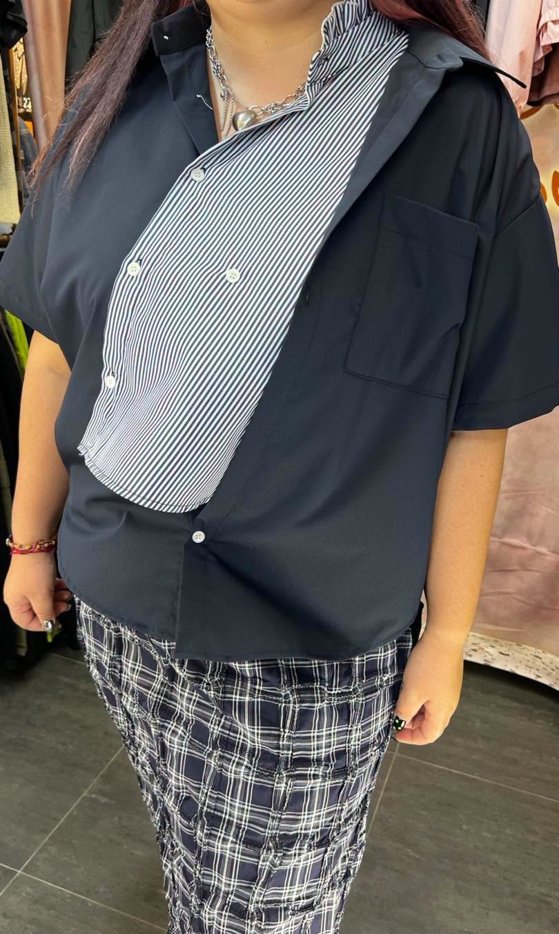 #7245 秋季深藍拼條子裇衫 - Image 3